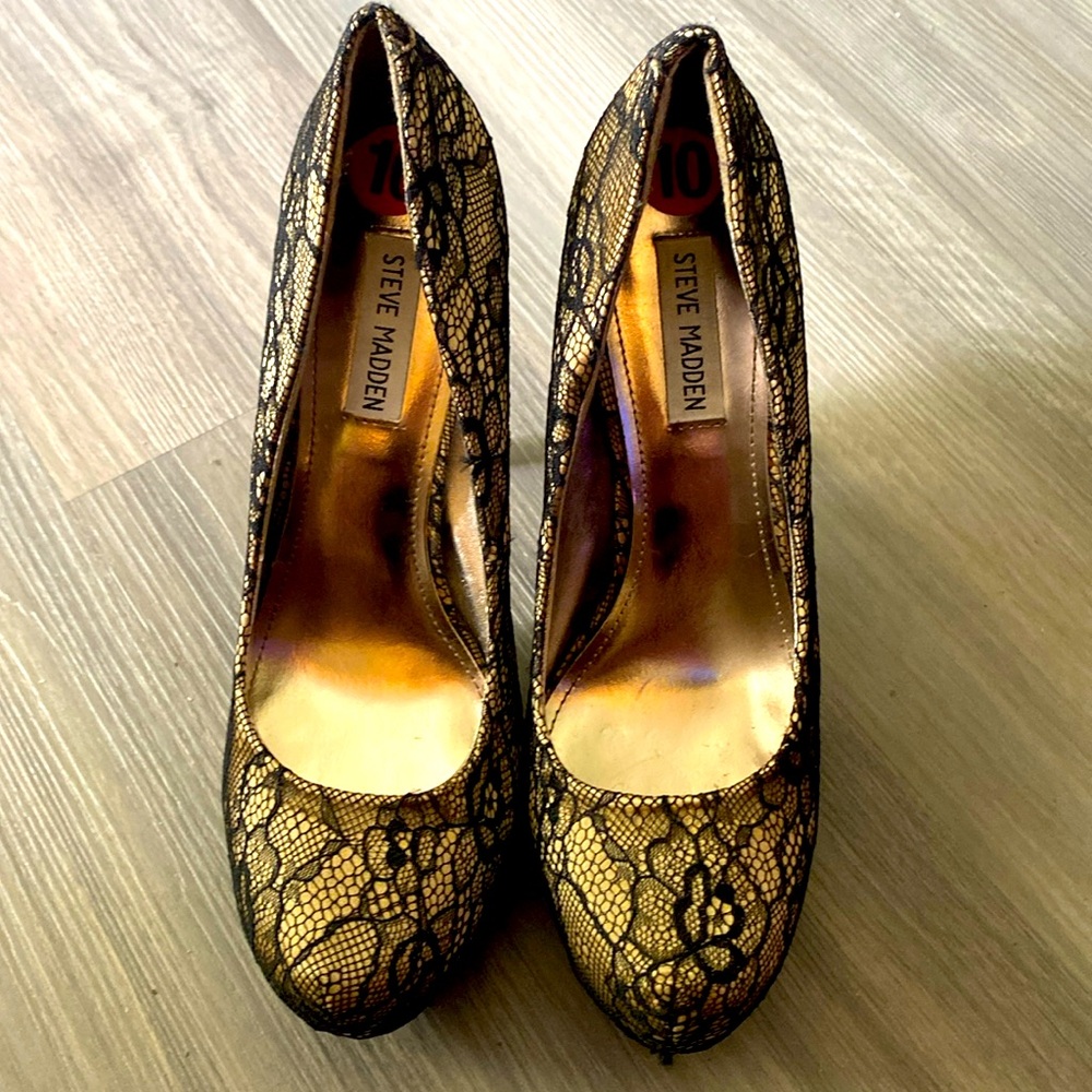 Steve Madden lace over champagne platform heels